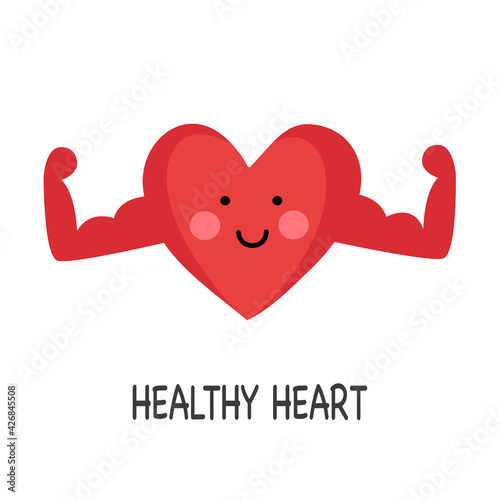 Strong heart cartoon with arm muscle in flat design on white background. Healthy heart concept.
