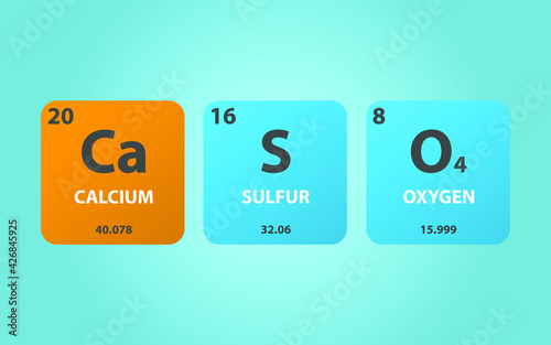Calcium Sulfate CaSO4 molecule. Simple molecular formula consisting of Calcium, Sulfur, Oxygen elements. Chemical compound simplified structure on blue background, for chemistry education
