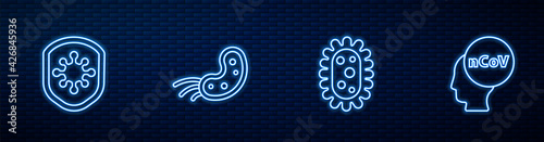 Set line Virus, Shield protecting from virus, and Corona 2019-nCoV. Glowing neon icon on brick wall. Vector