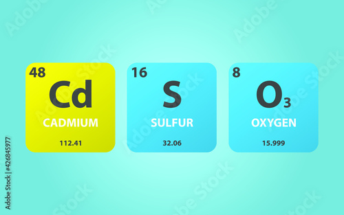 Cadmium Sulphite CdSO3 molecule. Simple molecular formula consisting of Cadmium, Sulfur, Oxygen elements. Chemical compound simplified structure on blue background, for chemistry education