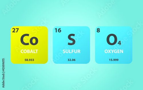 Cobalt Sulfate CoSO4 molecule. Simple molecular formula consisting of Cobalt, Sulfur, Oxygen elements. Chemical compound simplified structure on blue background, for chemistry education photo