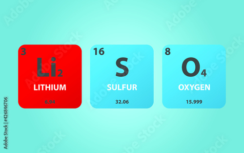 Lithium Phosphate Li2SO4 molecule. Simple molecular formula consisting of Lithium, Phosphorus, Oxygen elements. Chemical compound simplified structure on blue background, for chemistry education
