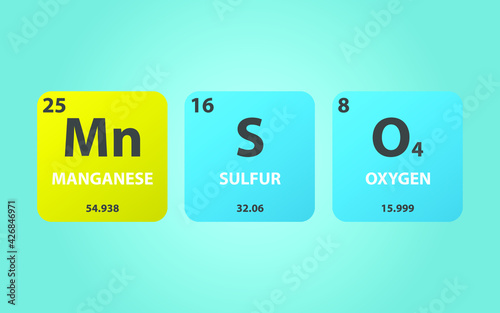 Manganese Sulfate MnSO4 molecule. Simple molecular formula consisting of Manganese, Sulfur, Oxygen elements. Chemical compound simplified structure on blue background, for chemistry education