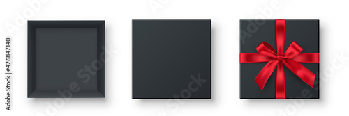 Gift box with red bow set. Blank black open and closed present packaging with ribbon for Christmas, New Year, anniversary or wedding vector illustration. Festive empty package on white background