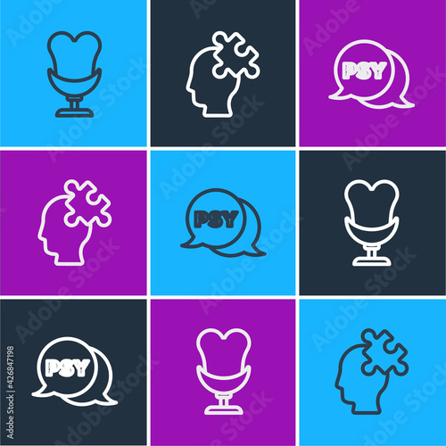 Set line Armchair, Psychology, Psi and Solution to the problem icon. Vector