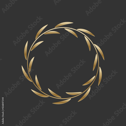 Golden laurel wreath round frame. Ring with gold leaves, circle award logo or emblem vector illustration. Roman circular badge for anniversary, wedding, award isolated on gray background