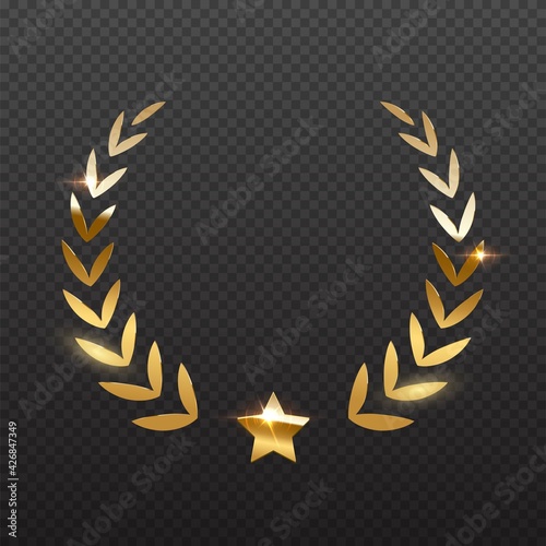 Award star and golden laurel. Gold prize elements on transparent background. Champion glory in competition vector illustration. Hollywood fame in film and cinema or championship in sport
