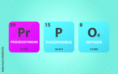 Praseodymium Phosphate PrPO4 molecule. Simple molecular formula consisting of Praseodymium, Phosphorus, Oxygen elements. Chemical compound simplified structure on blue background
