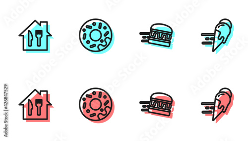 Set line Online ordering burger delivery, and, Donut and ice cream icon. Vector