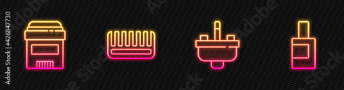 Set line Washbasin with water tap, Antiperspirant deodorant roll, Hairbrush and Bottle for cleaning agent. Glowing neon icon. Vector