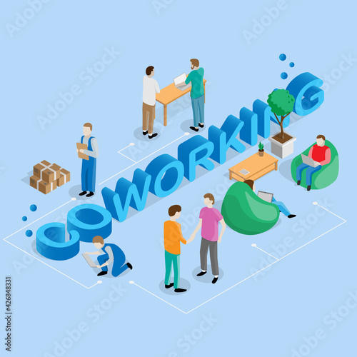 Wallpaper Mural Coworking people isometric composition with figures of freelance workers and various situations group actions with 3d text Coworking. Torontodigital.ca