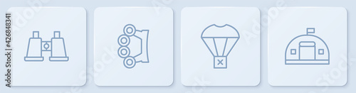 Set line Binoculars, Box flying on parachute, Brass knuckles and Military barracks. White square button. Vector