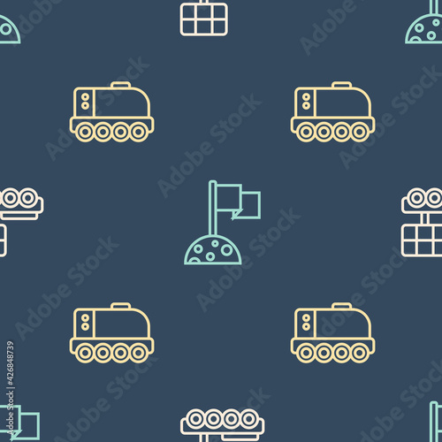 Set line Mars rover, and Moon with flag on seamless pattern. Vector