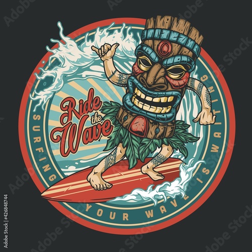 Surfing vintage round colorful label