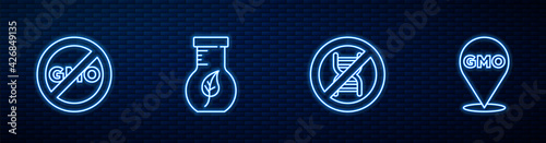 Set line Stop GMO, No, Test tube and flask and . Glowing neon icon on brick wall. Vector