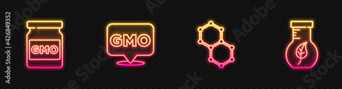 Set line Chemical formula, GMO, and Test tube and flask. Glowing neon icon. Vector
