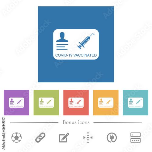Covid 19 vaccinated flat white icons in square backgrounds