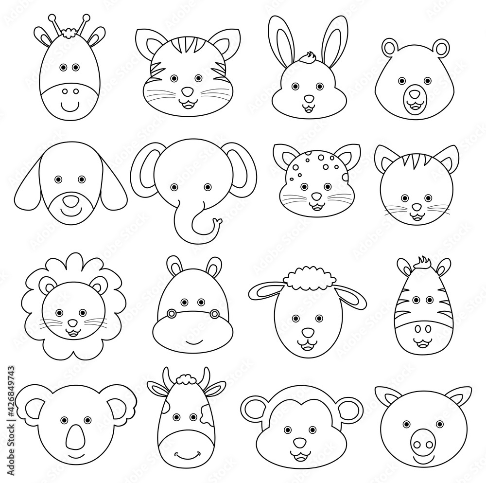 Set of cartoon animal face vector line drawing Set of cartoon animal face vector line drawing