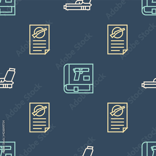 Set line Pistol or gun, Firearms license certificate and Book with pistol on seamless pattern. Vector