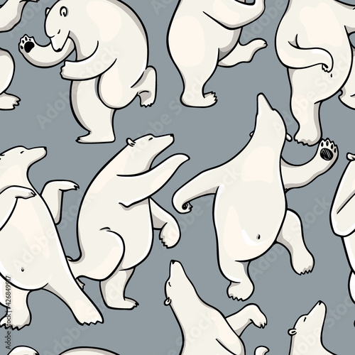Vector seamless pattern with hand drawn happy blissful dancing polar bear. Beautiful ink drawing, animal design elements. Perfect for prints and patterns