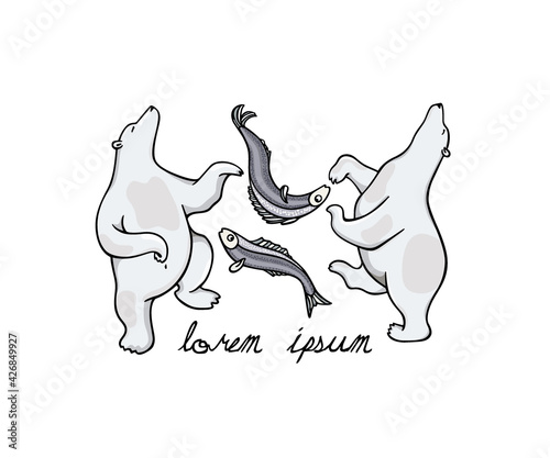 Vector illustration of hand drawn dancing polar bears with freshly caught fish. Beautiful ink drawing, animal design elements.