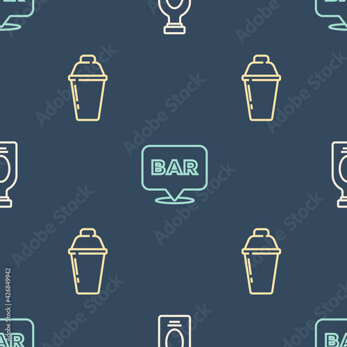 Set line Alcohol drink Rum, Cocktail shaker and bar location on seamless pattern. Vector