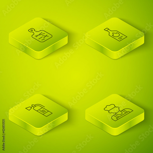 Set Isometric line Tabasco sauce, Fire extinguisher, Cook and Cutting board icon. Vector