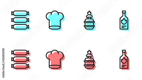 Set line Camping gas stove, Sausage, Chef hat and Tabasco sauce icon. Vector