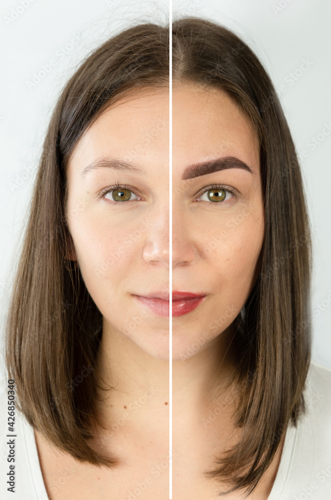 Foto porównanie przed i po makijażu permanentnym brwi i ust. Trwały makijaż. Twarz kobiety makijaż permanentny, uroda.  - obrazy, fototapety, plakaty 