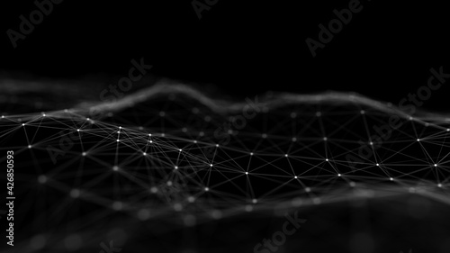 Abstract wave with moving dots and lines. Flow of particles. Cyber technology illustration. 3d rendering