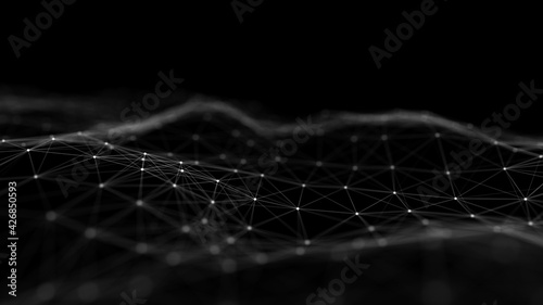 Abstract wave with moving dots and lines. Flow of particles. Cyber technology illustration. 3d rendering