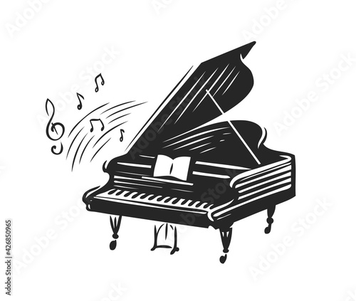 Hand drawn grand piano in sketch style. Music symbol vector illustration