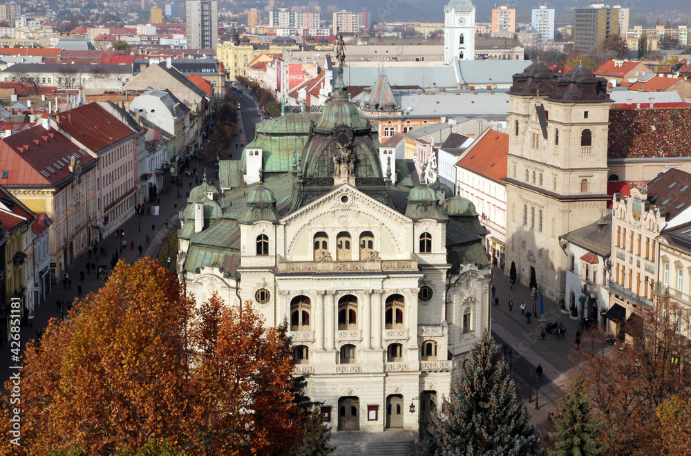 Aerial panoramic view Statne divadlo - State theatre of Košice from Elisabeth Cathedral in autumn, Kosice, Slovakia, Slovensko