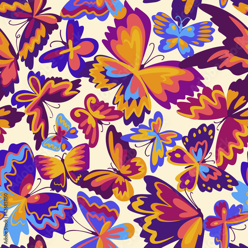 Vector pattern with decorative butterflies. Abstract seamless background. Colorful flat design for fabric and textile. Fashion style.