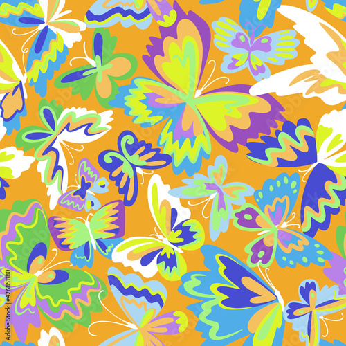 Vector pattern with decorative butterflies. Abstract seamless background. Colorful flat design for fabric and textile. Fashion style.