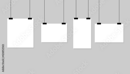 White blank paper on the wall. White realistic template, mockup for poster, gallery, background and photo. Vector sheet for clip, presentation, pictures.Page layout for portfolio, board, illustration