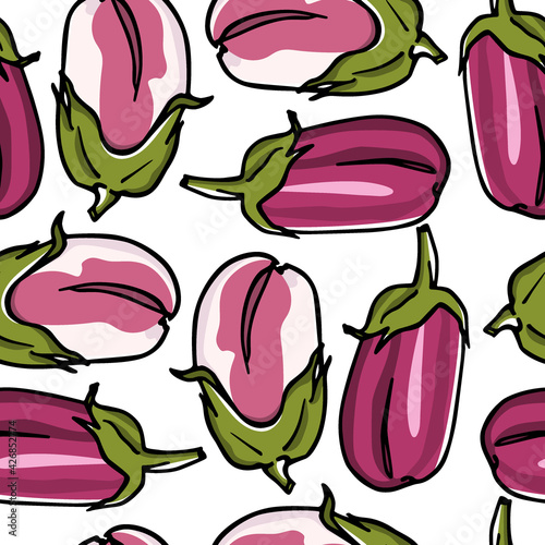 Vector seamless pattern with hand drawn Rosa Bianca and Rosita eggplants. Cool vegetable pattern, perfect for prints and patterns