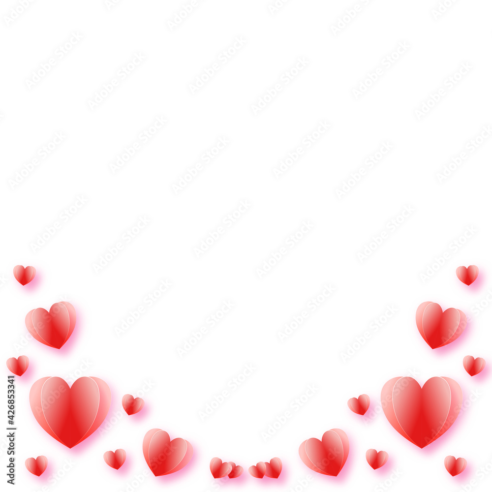 Red heart, Paper elements in shape of heart white background. Illustration symbols of love for Happy Valentine's Day, birthday greeting card design.