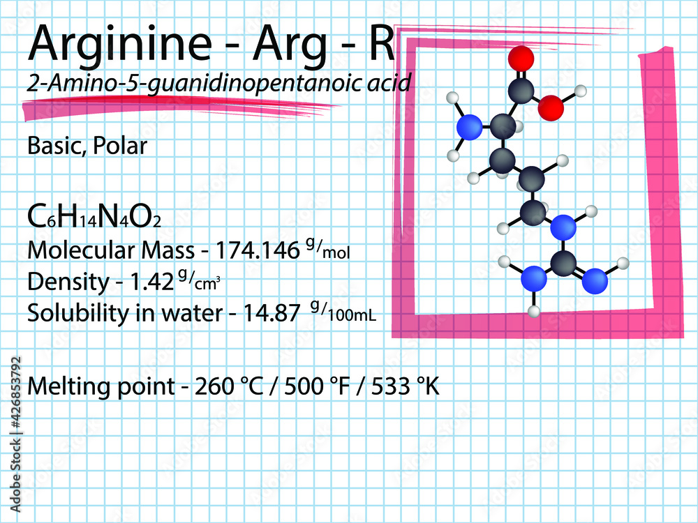 Arginine Arg R Essential Amino Acid molecular formula, chemical