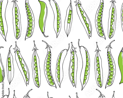Vector seamless pattern with hand drawn green pea pods. Beautiful food design elements, perfect for prints and patterns