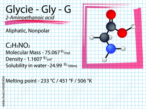 Glycine - Gly - G - Non Essential Amino Acid molecular formula, chemical structure, properties, solubility, density, mass. 2D Ball and stick model on school paper sheet background.