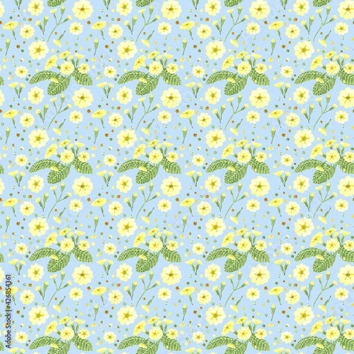 Seamless pattern with watercolor primrose illustrations.