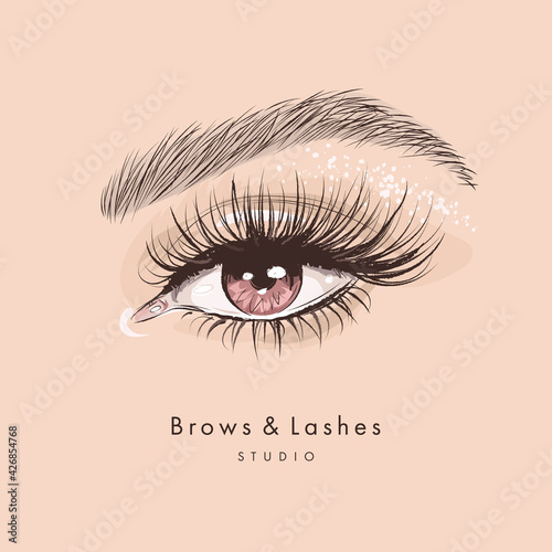 Fototapeta Hand drawn beautiful female eye with long black eyelashes and brows
