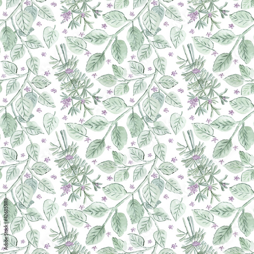 Seamless patterns with watercolor illustrations of rosemary and sage.