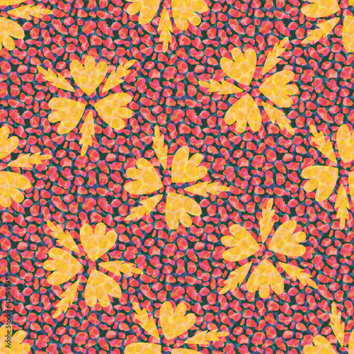 Faux leather and florals texture vector seamless pattern background. Backdrop with tropical color blended transparent layers of animal print and petals. Painterly repeat for packaging or fabric
