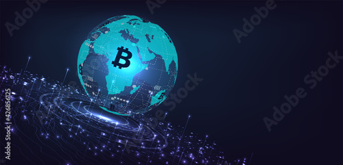Electronic currenciesand Investment concept.Bitcoin digital currency and world globe futuristic digital money technology worldwide network. Bitcoin global network connection.vector illustration Eps10.