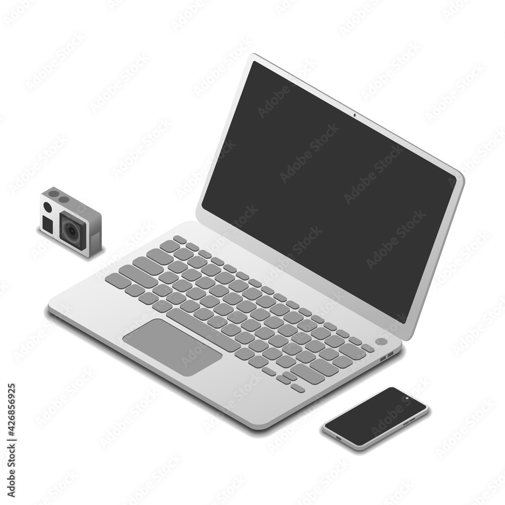 set of laptop, action camera, and smartphone in isometric view, vector illustration isolated on white background set of laptop, action camera, and smartphone in isometric view, vector illustration isolated on white background