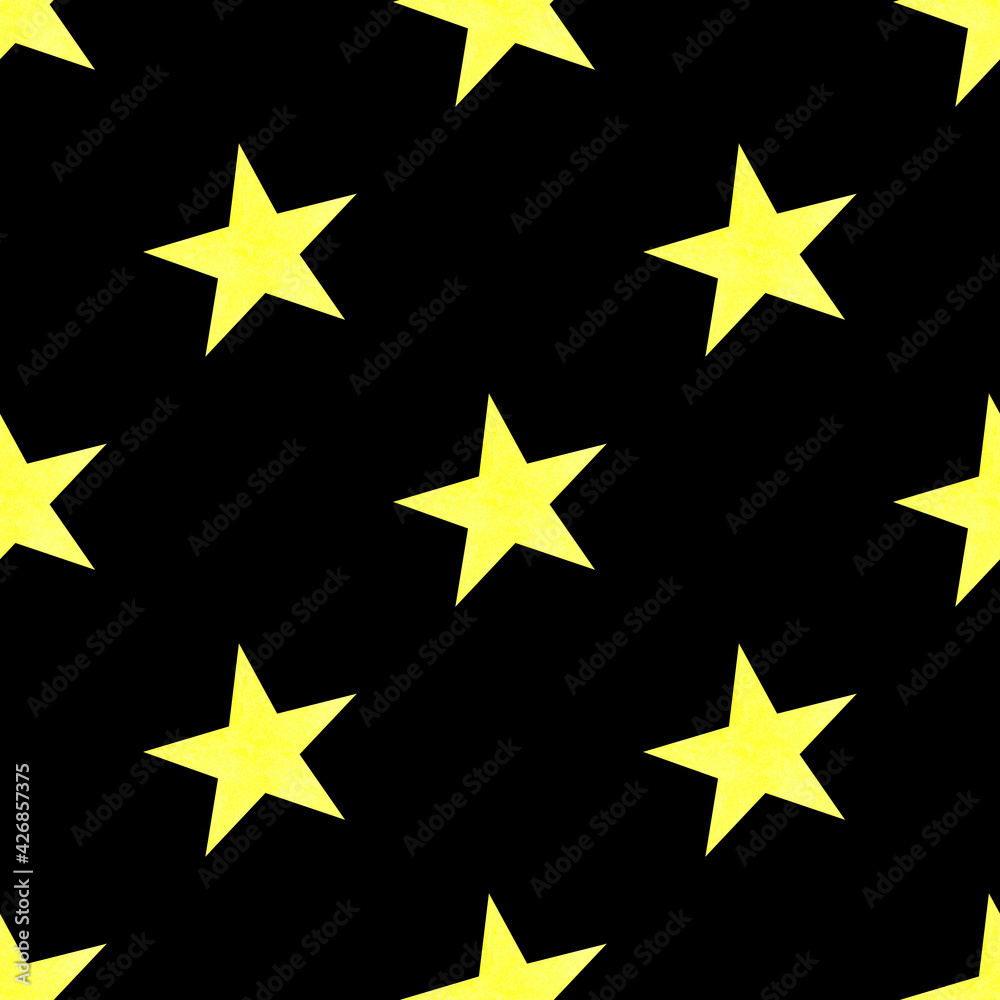 Seamless pattern with yellow stars. Cute baby design. Hand-drawn illustrations of yellow watercolor stars on a black background. For the design of fabric, wallpaper, and children's textiles. Seamless pattern with yellow stars. Cute baby design. Hand-drawn illustrations of yellow watercolor stars on a black background. For the design of fabric, wallpaper, and children's textiles.