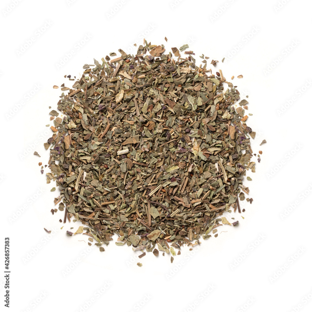 Basil, Dried – Pile of Crushed Basil Leaves, Spice in Bulk, Aromatic Condiment – Top View, Close-Up Macro, from Above – Isolated on White Background Basil, Dried – Pile of Crushed Basil Leaves, Spice in Bulk, Aromatic Condiment – Top View, Close-Up Macro, from Above – Isolated on White Background