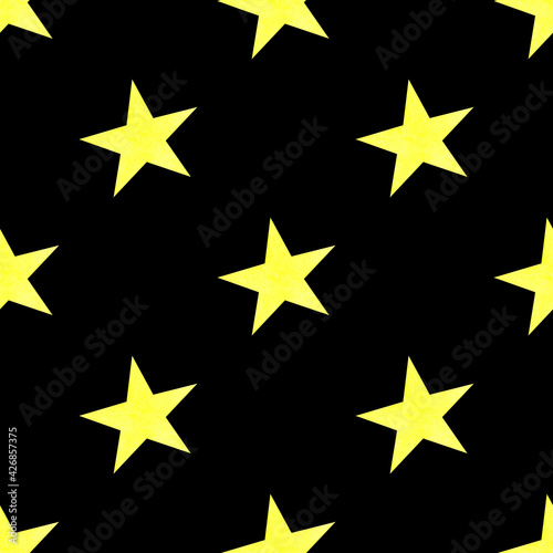 Seamless pattern with yellow stars. Cute baby design. Hand-drawn illustrations of yellow watercolor stars on a black background. For the design of fabric  wallpaper  and children s textiles.